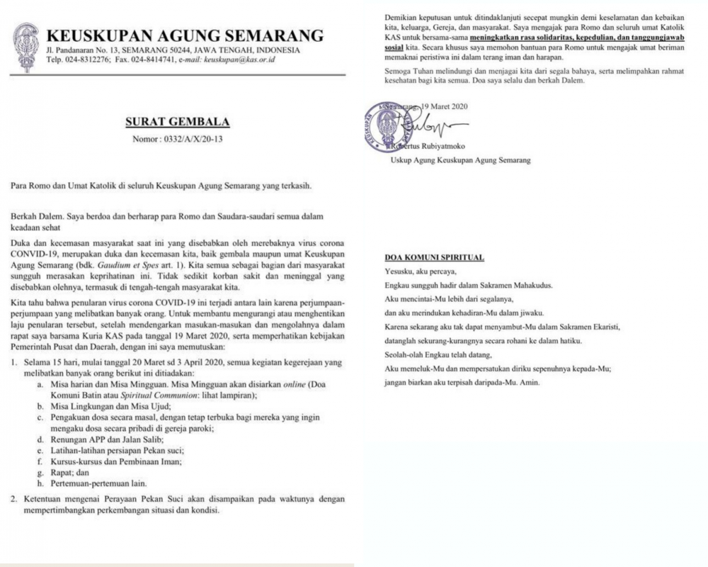 Misa Dilakukan Online, Keuskupan Agung Semarang Edarkan Surat Gembala