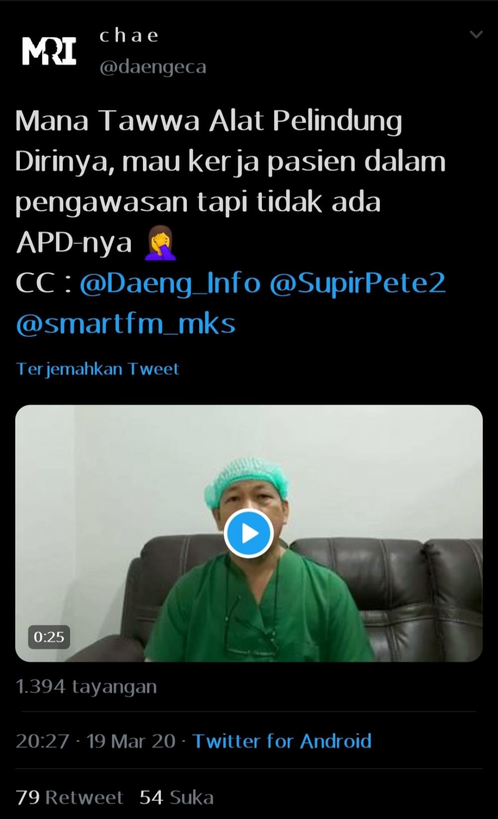 Viral Video Dokter di Makassar Kekurangan APD Tangani Pasien Corona