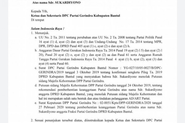 DPP Gerindra PAW Sukardiyono dari DPRD Bantul