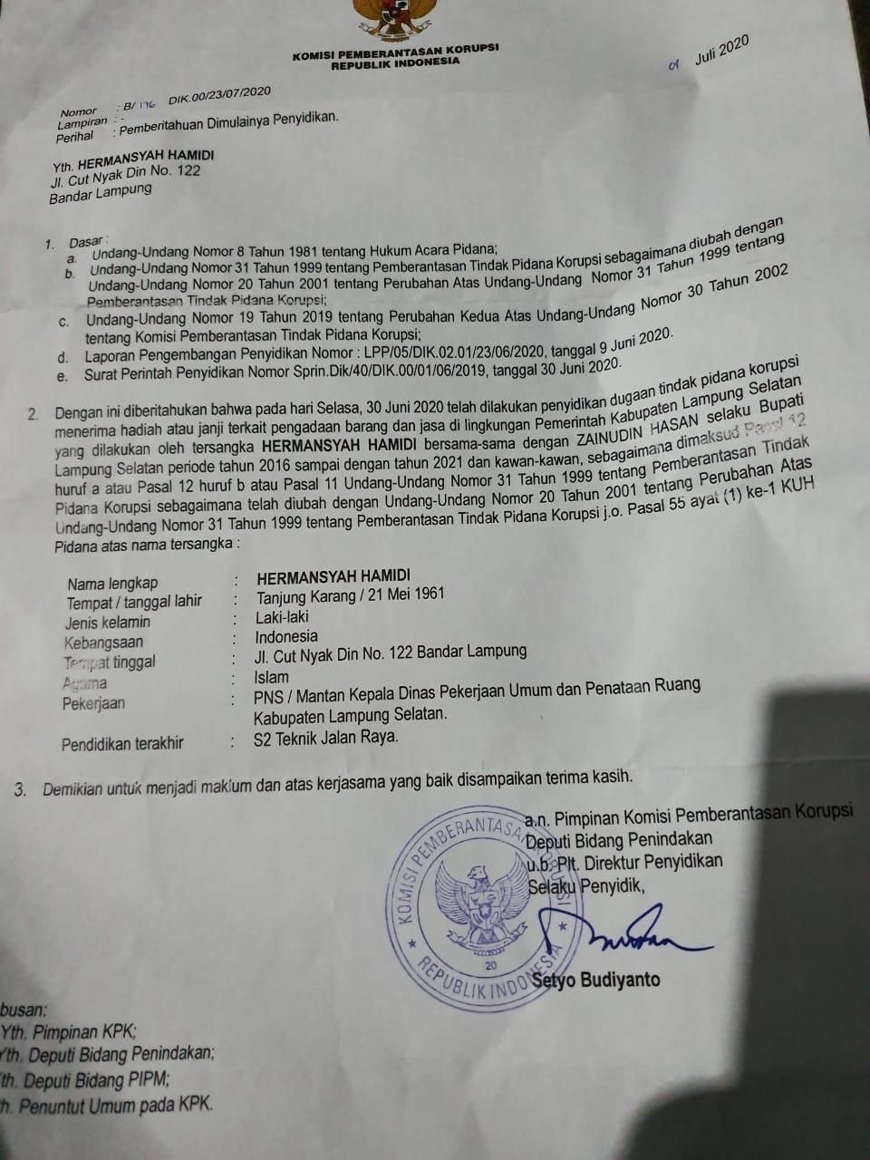 KPK Benarkan Pejabat Lamsel Hermansyah Hamidi Jadi Tersangka