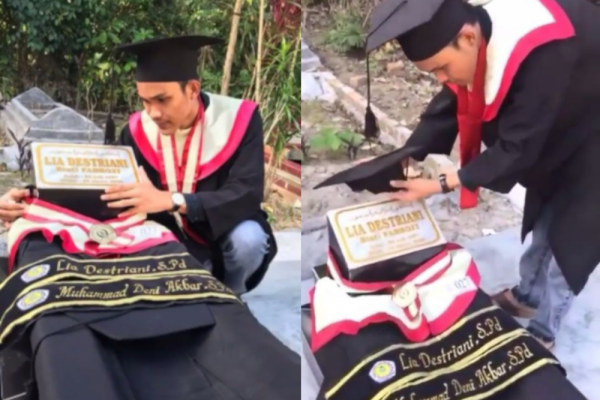 Kisah Sedih Gagal Wisuda Bareng Pacar, Cuma Bentang Toga di Batu Nisan