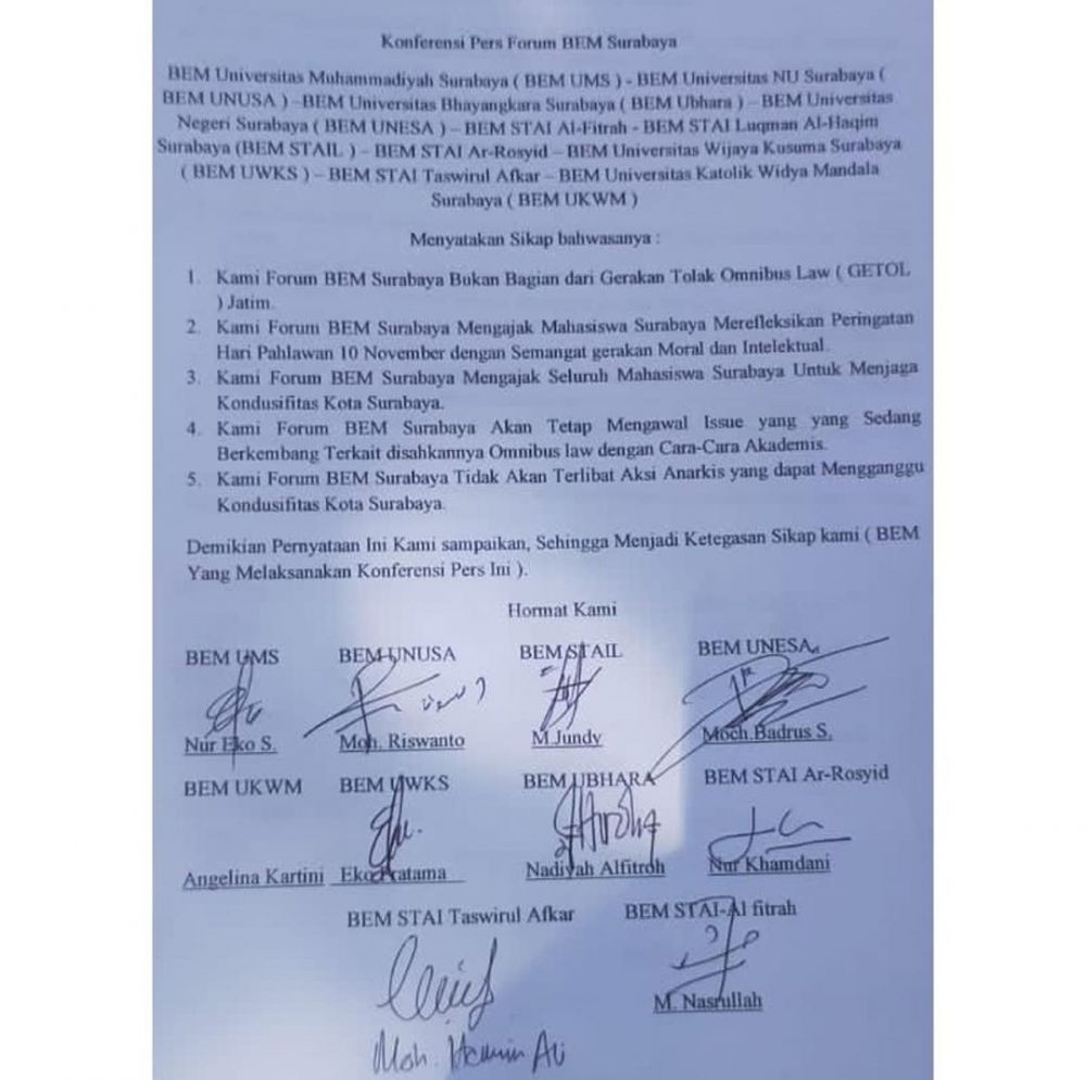 Bukan Bagian Getol, BEM Surabaya Tidak Ikut Demo Tolak Omnibus Law