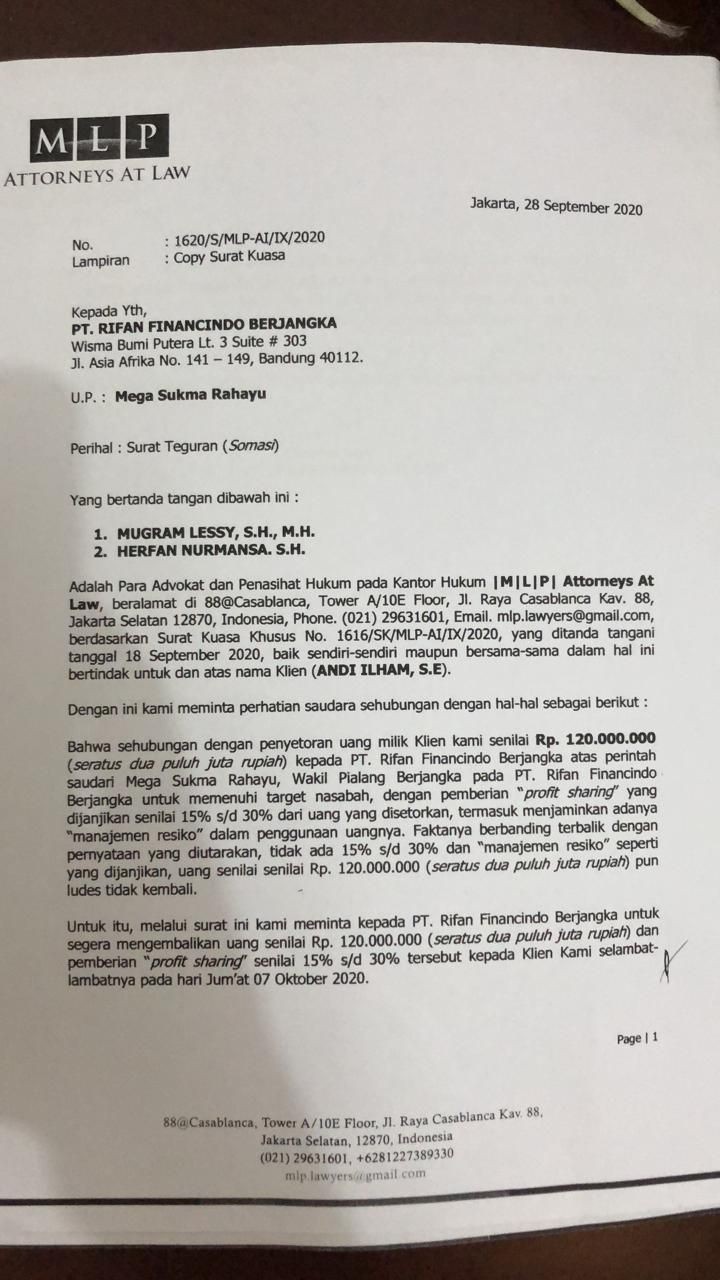 Pialang PT Rifan Financindo Diduga Lakukan Penipuan Dana Nasabah
