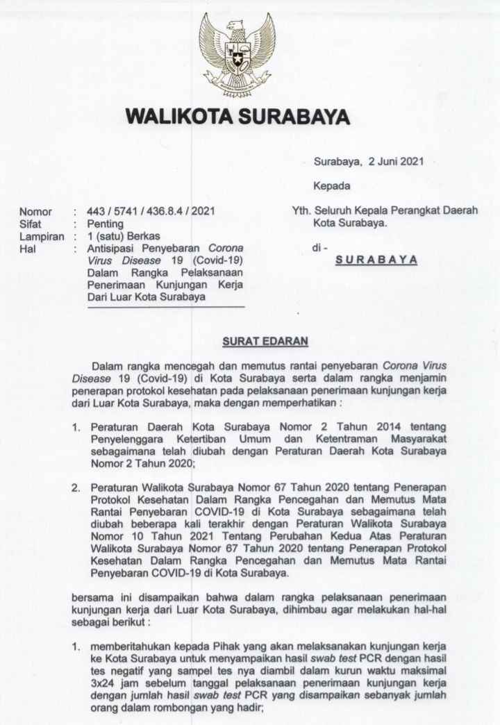 Eri Keluarkan SE, Kunker dari Luar Kota Harus Negatif COVID-19