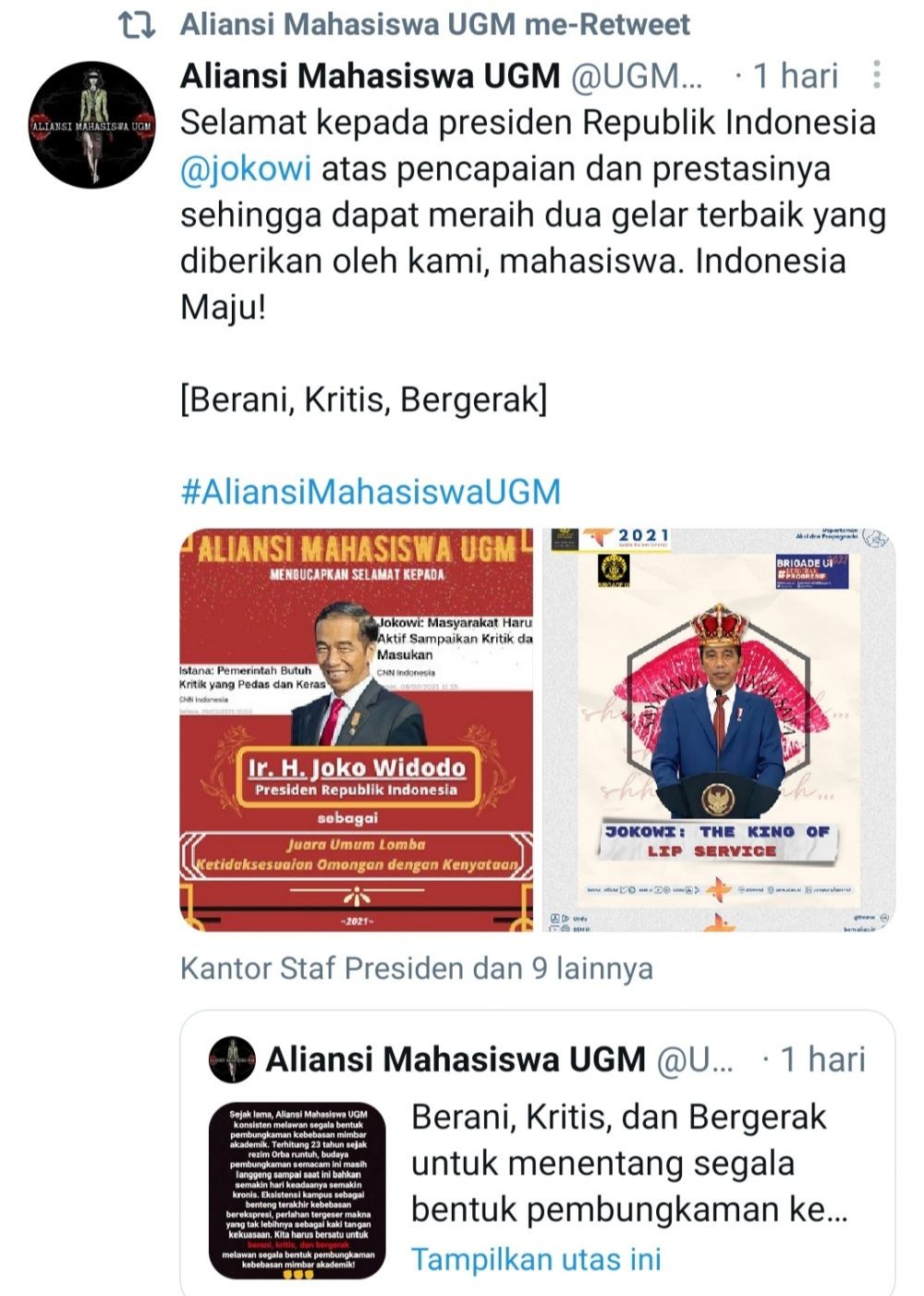Aliansi Mahasiswa UGM Sindir Jokowi Juara Ketidaksesuaian Omongan