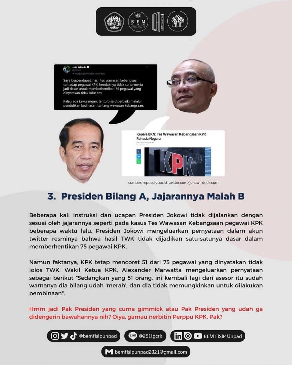 BEM Fisip Unpad Ledek Presiden: Kami Bersama Jokowi, Tapi Boong