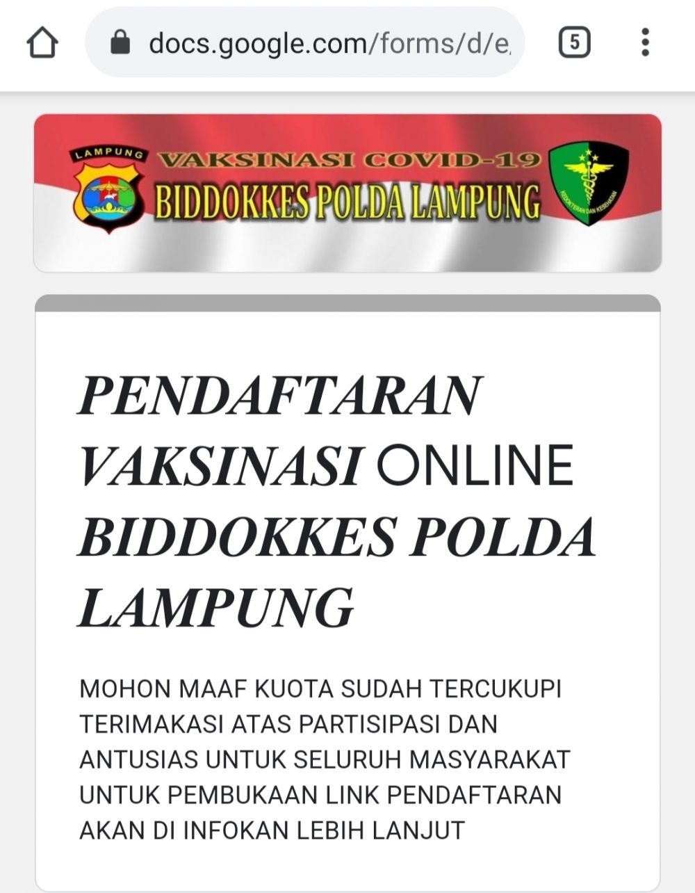Cara Daftar Online  Vaksin COVID-19 Polda Lampung, Dibuka Senin-Jumat