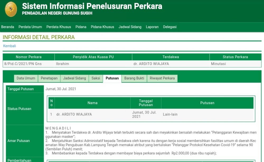 Wabup Lampung Tengah Ardito Divonis Bersalah Pelanggaran Prokes 