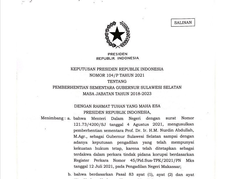 Beredar Surat Jokowi Berhentikan Nurdin Abdullah sebagai Gubernur