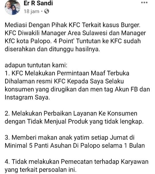 Pesanan Burger Tak Sesuai Gambar, Pria Palopo Gugat KFC