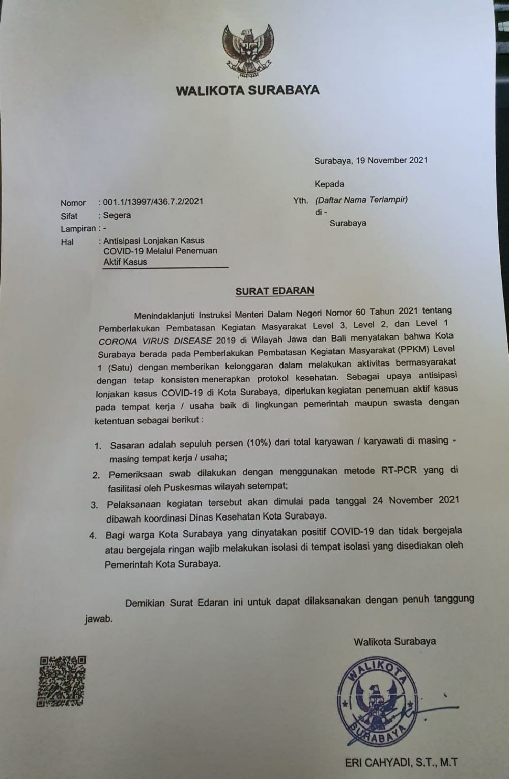 Eri Minta 10 Persen Karyawan Kantor di Surabaya Dites Swab