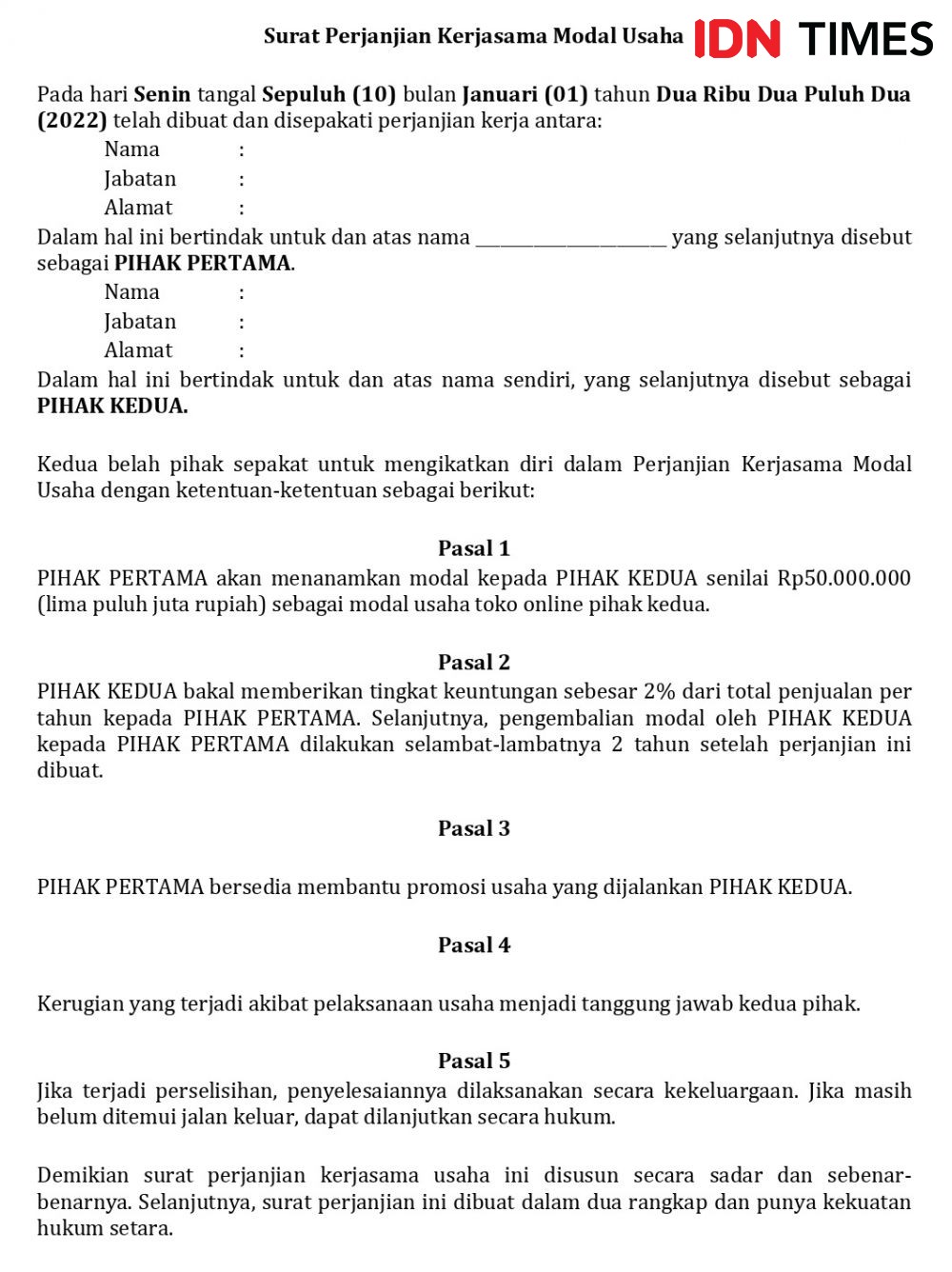 Contoh Surat Perjanjian Kerjasama Yang Benar Simak Yuk