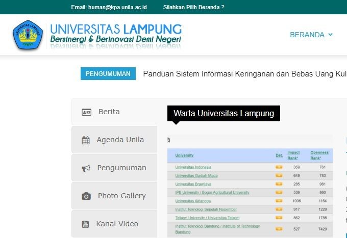 Mantap! Unila Melesat ke Peringkat 9 Universitas Terbaik di Indonesia 