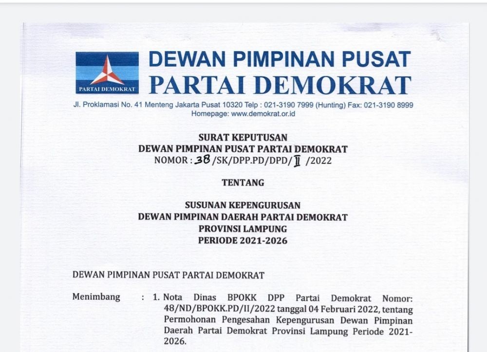 Sah! Edy Irawan Arief Dilantik Ketua DPD Partai Demokrat Lampung