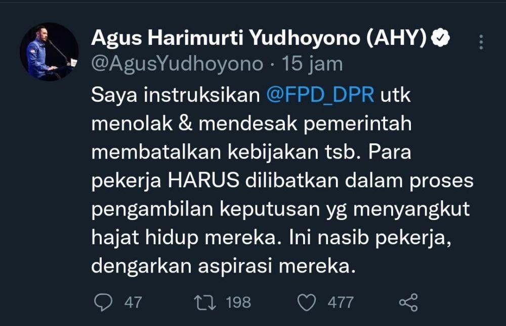 Dapat Keluhan Buruh Sidoarjo Soal JHT, AHY Cuitkan Ini di Twitter