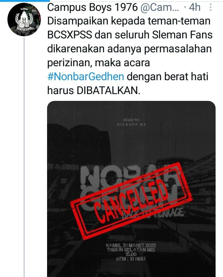 Nobar Pertandingan PSS Vs Persija, Batal Digelar