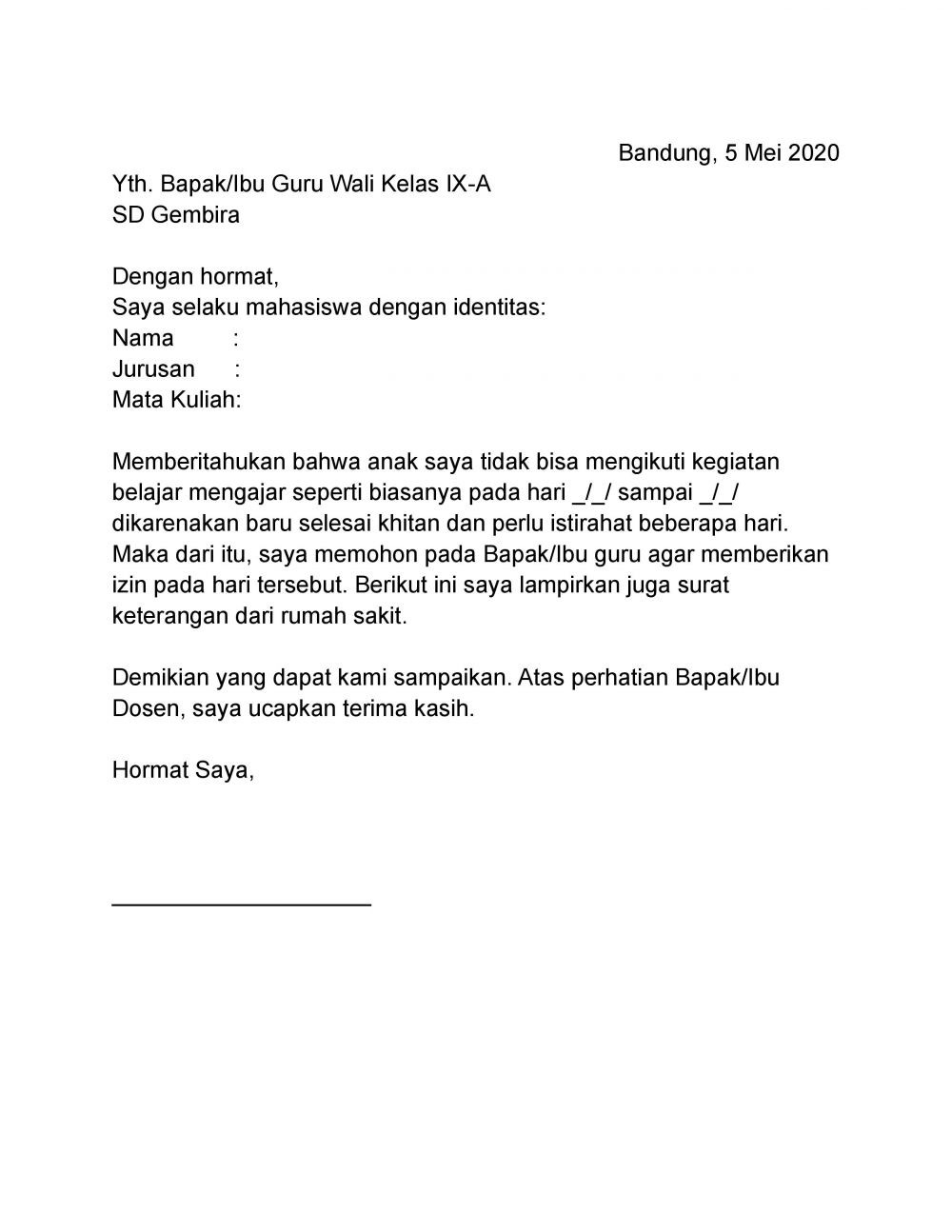 contoh surat ketidakhadiran ke kuliah