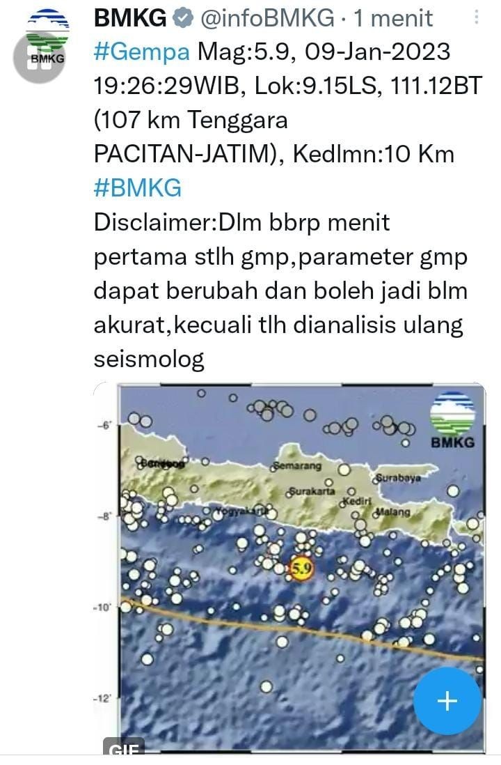 Gempa 5,9 SR di Pacitan, Jatim Dirasakan oleh Warga  Jogja 
