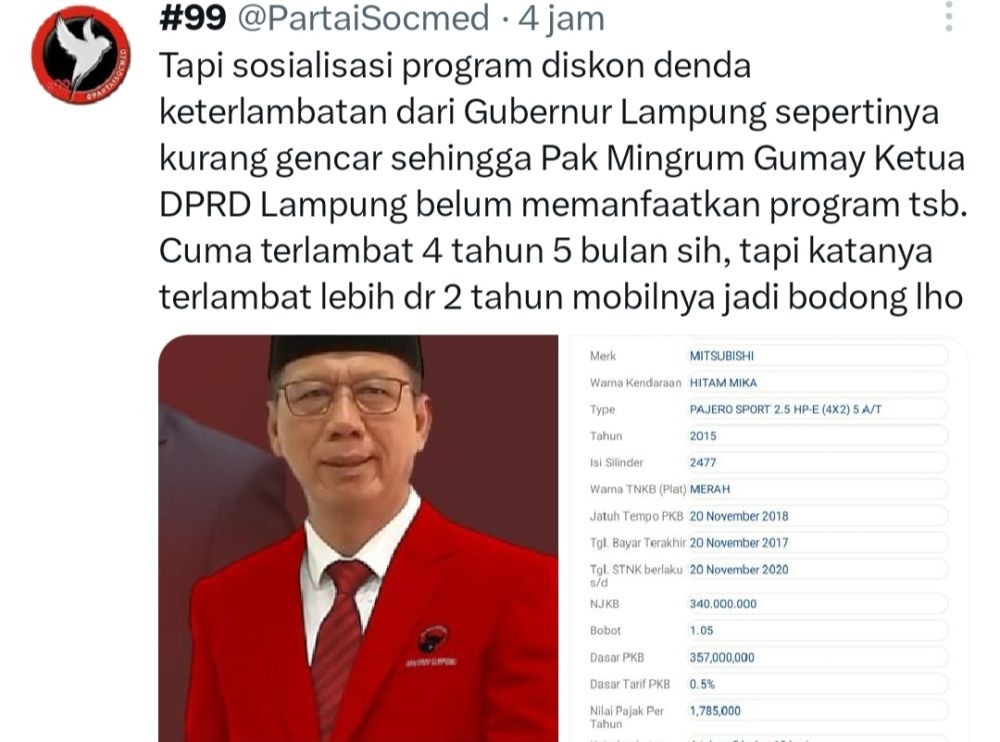 Randis Gubernur dan Wagub Nunggak Pajak, Pemprov Lampung Ngaku Lalai