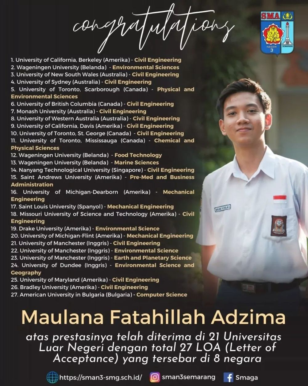 Viral! Lulusan SMA 3 Semarang Maulana Fatahillah Diterima di 21 Kampus