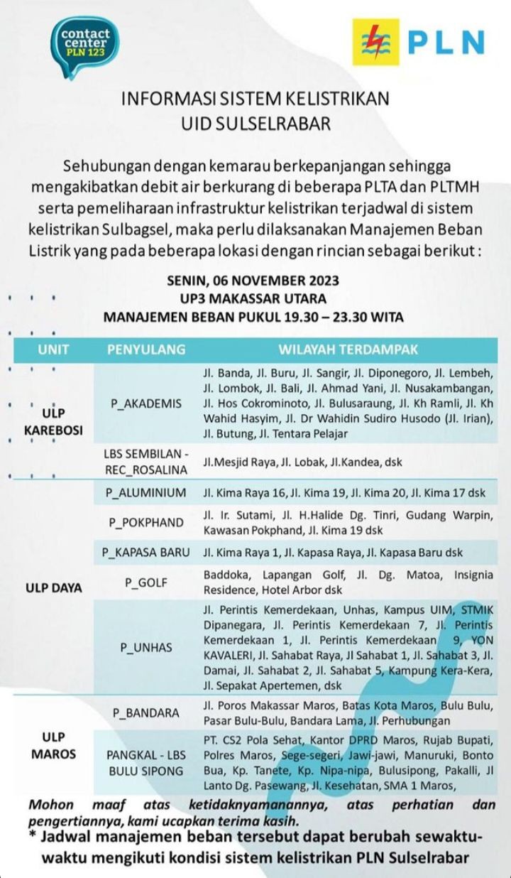 Cek Jadwal Pemadaman Listrik PLN Makassar Hari Ini 6 November 2023