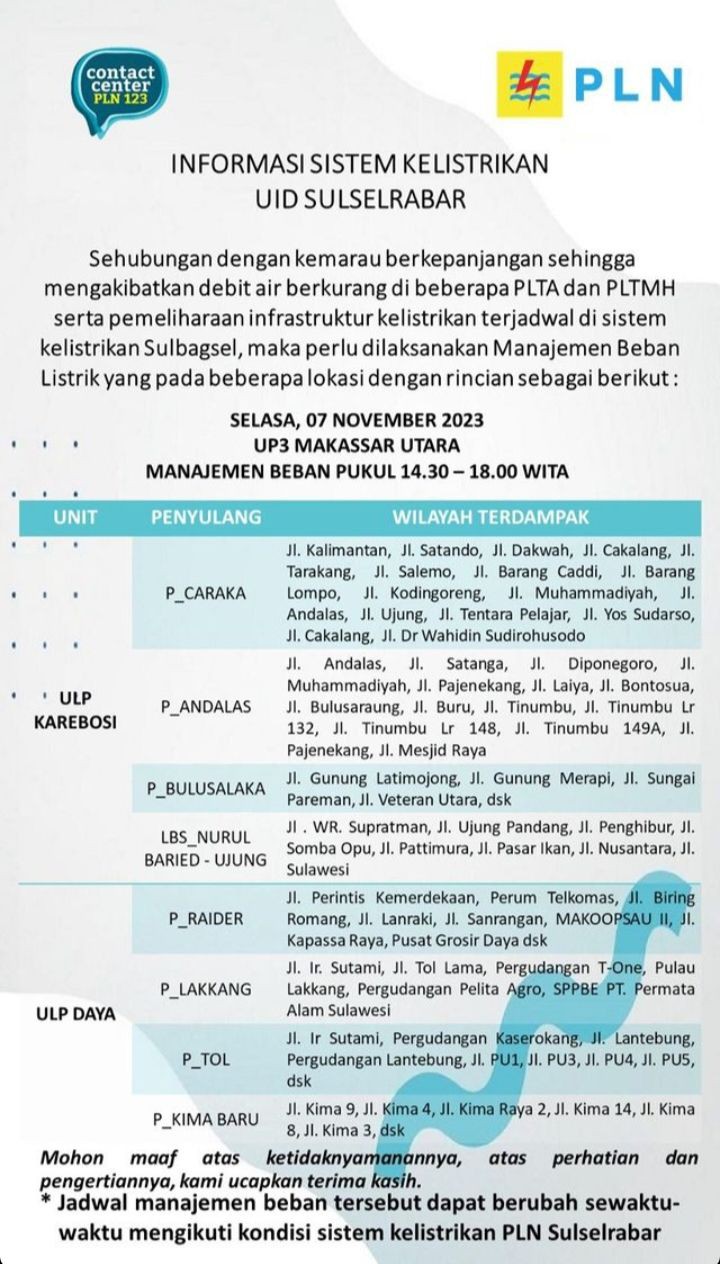 Jadwal Pemadaman Listrik di Makassar Selasa 7 November 2023