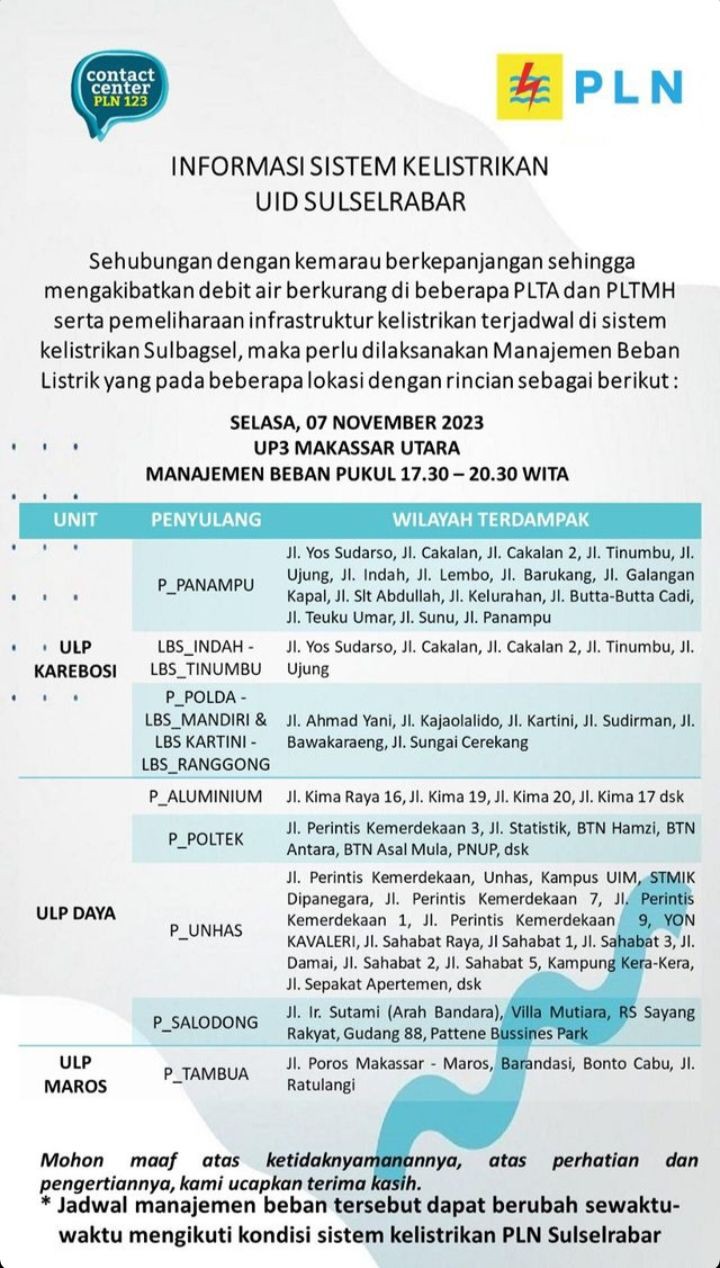 Jadwal Pemadaman Listrik di Makassar Selasa 7 November 2023