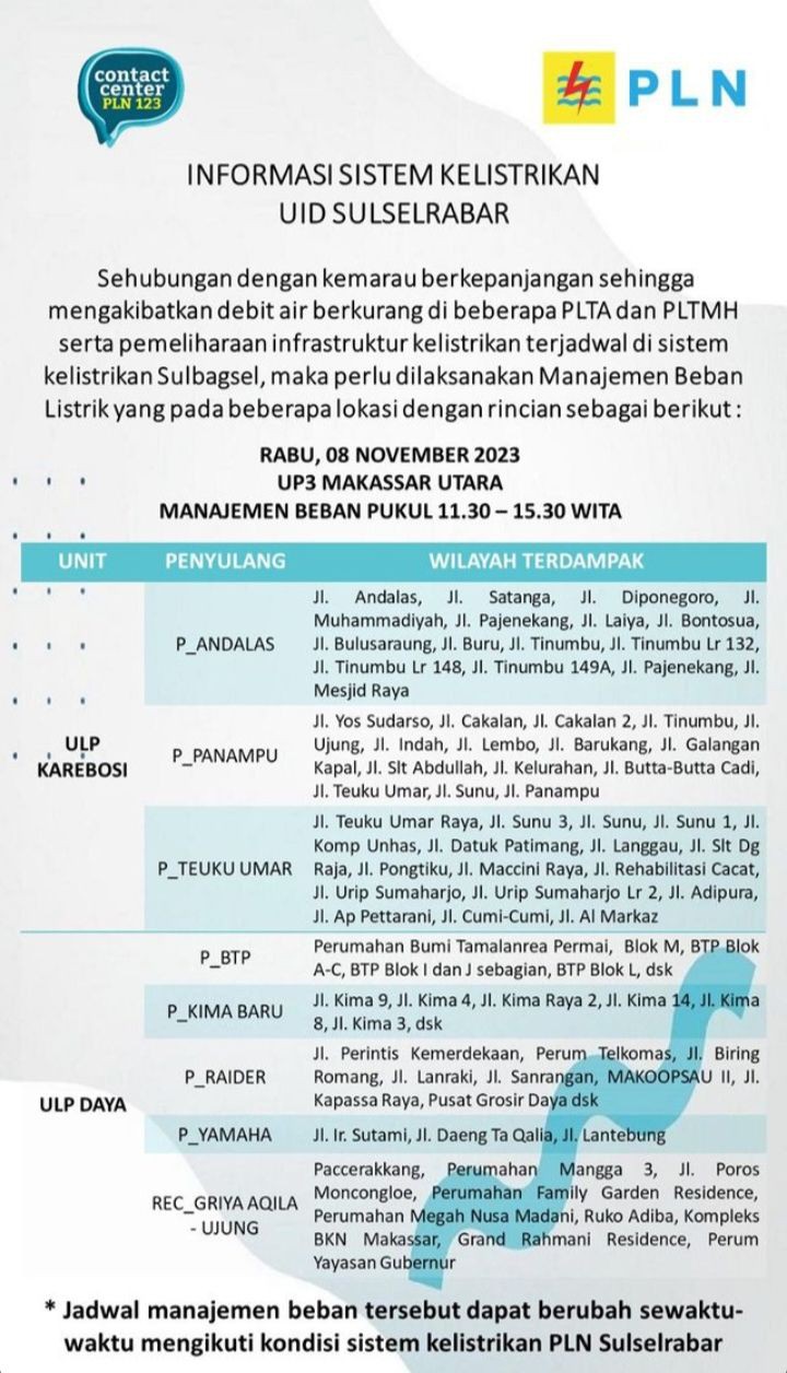 Jadwal Pemadaman Listrik PLN di Makassar Rabu 8 November 2023