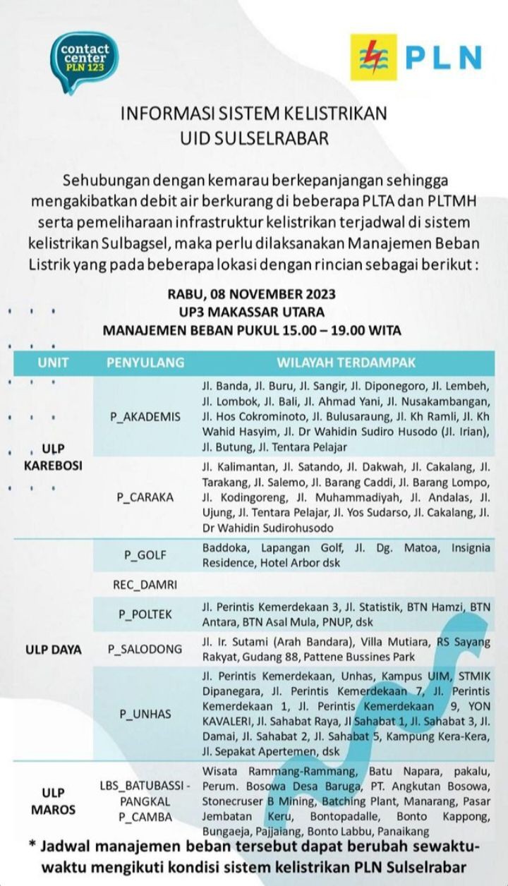 Jadwal Pemadaman Listrik PLN di Makassar Rabu 8 November 2023