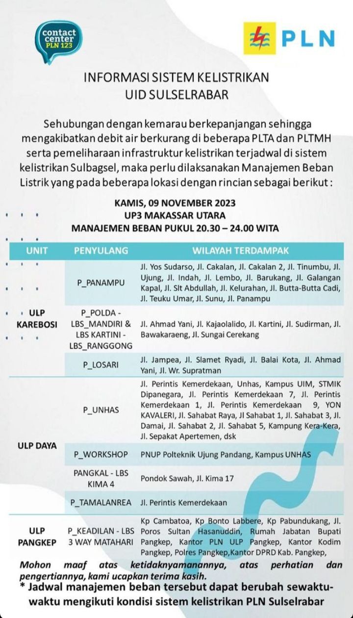 Jadwal Pemadaman Listrik PLN di Makassar Kamis 9 November 2023