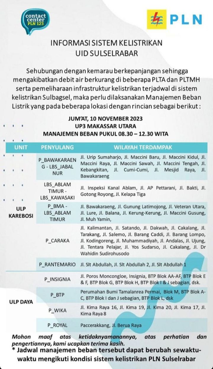 Cek Lokasi dan Jadwal Pemadaman Listrik di Makassar 10 November 2023