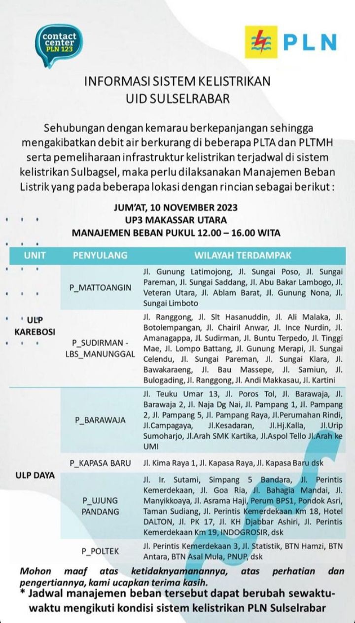 Cek Lokasi dan Jadwal Pemadaman Listrik di Makassar 10 November 2023