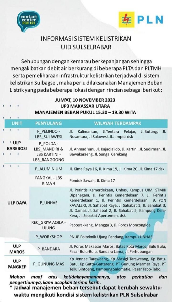 Cek Lokasi dan Jadwal Pemadaman Listrik di Makassar 10 November 2023