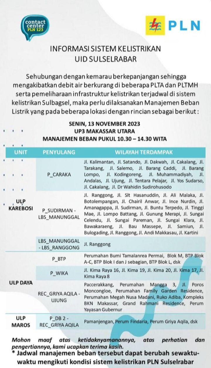 Cek Jadwal Mati Lampu di Makassar dan Sekitarnya 13 November 2023