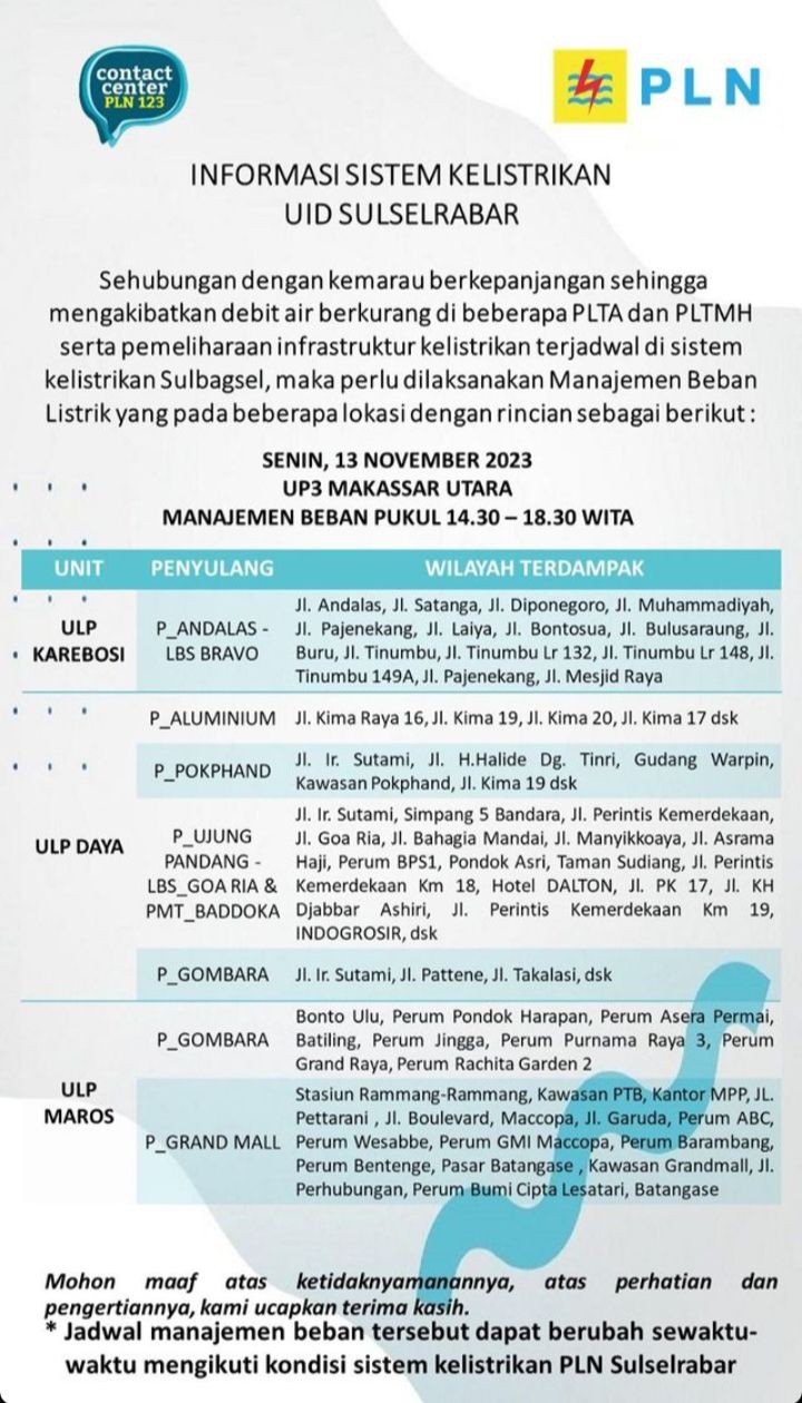 Cek Jadwal Mati Lampu di Makassar dan Sekitarnya 13 November 2023