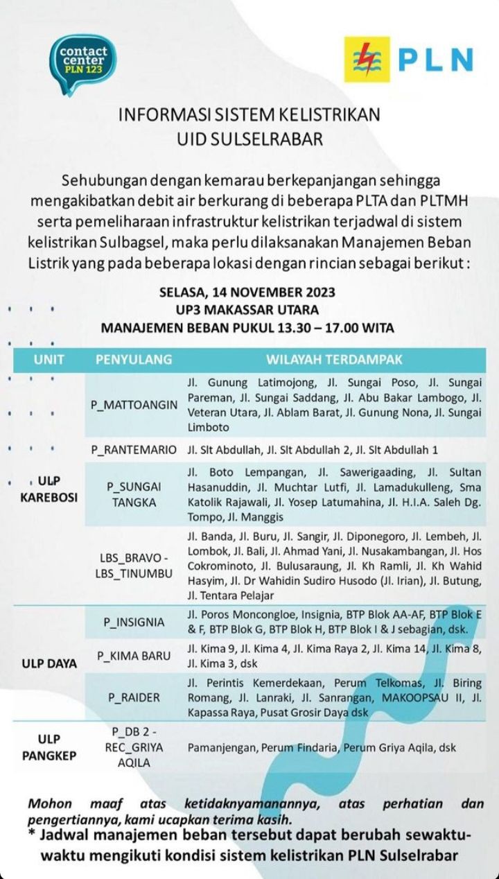 Jadwal Pemadaman Listrik Makassar Hari Ini Selasa 14 November 2023