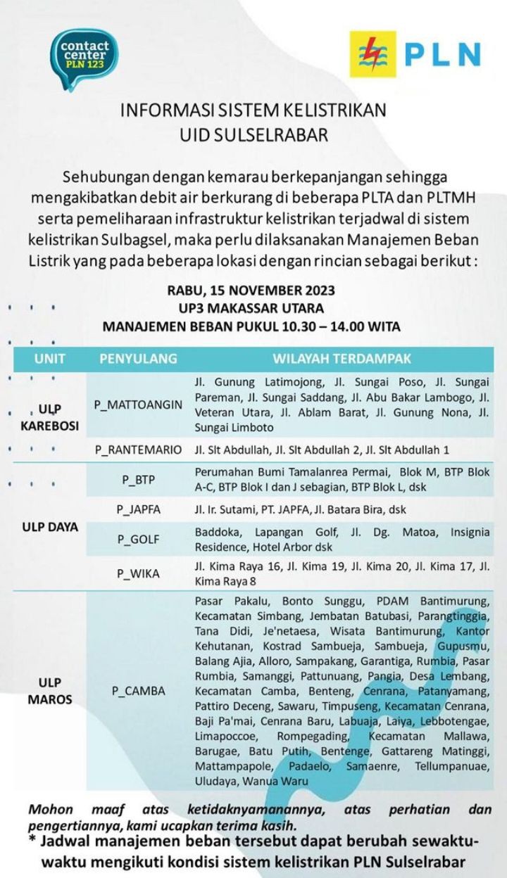 Cek Jadwal Pemadaman Listrik di Sulsel Hari Ini 15 November 2023