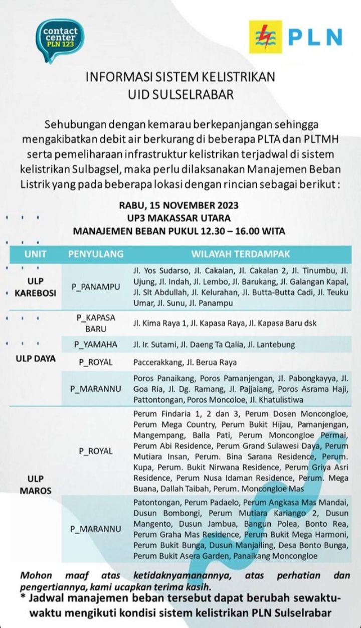 Cek Jadwal Pemadaman Listrik di Sulsel Hari Ini 15 November 2023