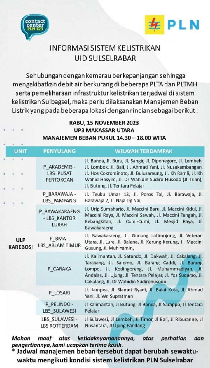 Cek Jadwal Pemadaman Listrik di Sulsel Hari Ini 15 November 2023