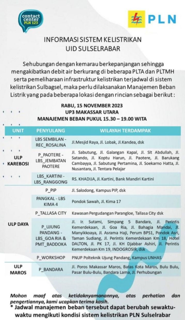 Cek Jadwal Pemadaman Listrik di Sulsel Hari Ini 15 November 2023