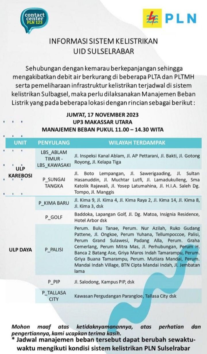 Jadwal Pemadaman Listrik di Makassar Hari Ini Jumat 17 November 2023