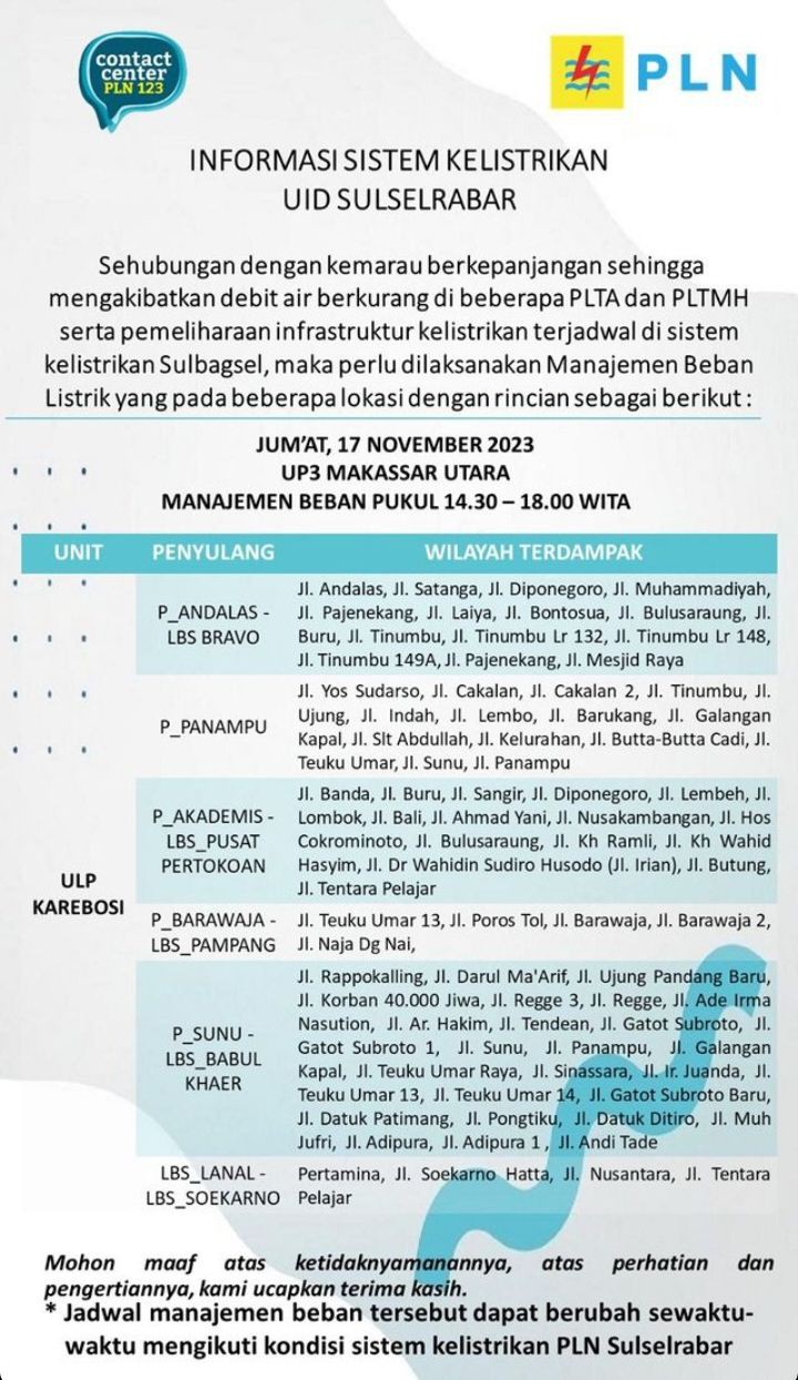 Jadwal Pemadaman Listrik di Makassar Hari Ini Jumat 17 November 2023
