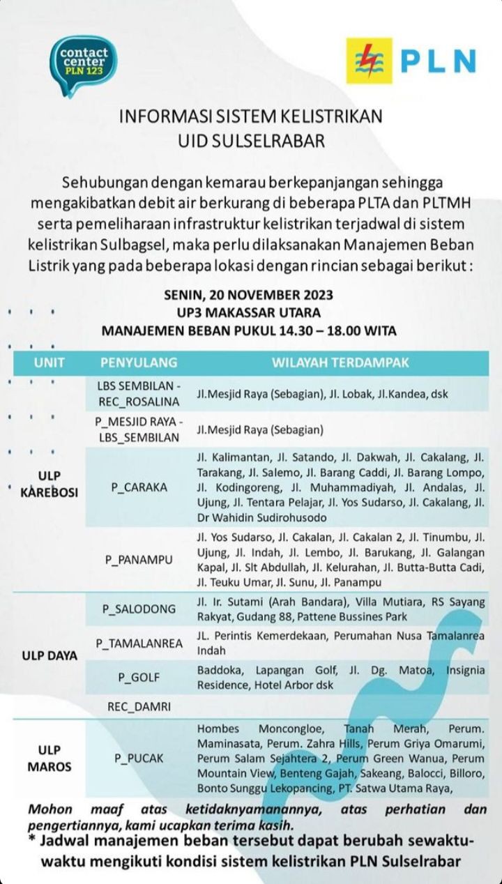 Jadwal Pemadaman Listrik di Makassar dan Sekitarnya 20 November 2023