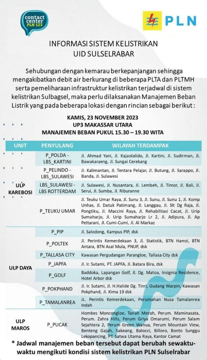 Cek Jadwal Pemadaman Listrik Makassar Hari Ini 23 November 2023