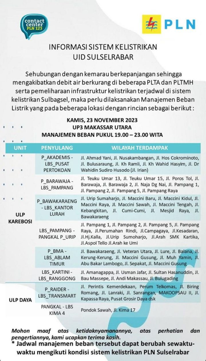 Cek Jadwal Pemadaman Listrik Makassar Hari Ini 23 November 2023