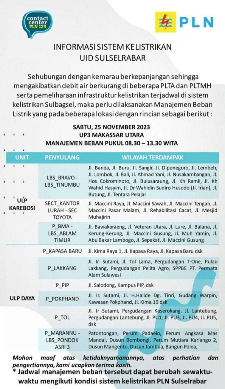 Jadwal Mati Lampu Di Makassar Dan Sekitarnya 25 November