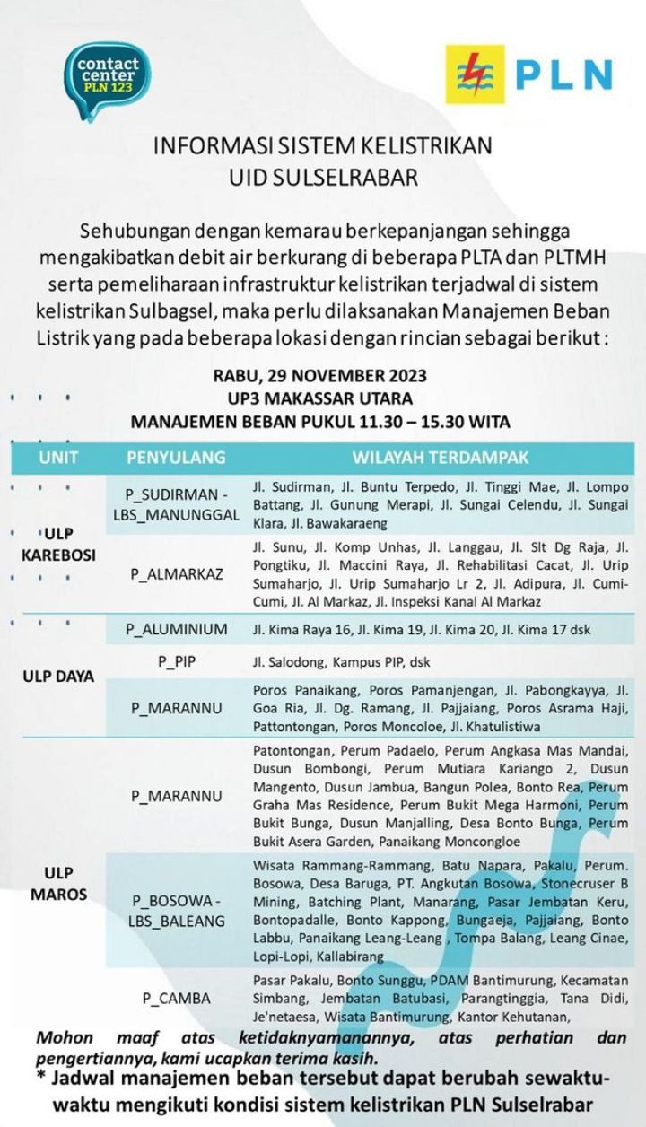 Cek Jadwal Pemadaman Listrik Makassar Hari Ini 29 November 2023