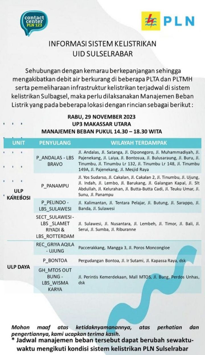 Cek Jadwal Pemadaman Listrik Makassar Hari Ini 29 November 2023