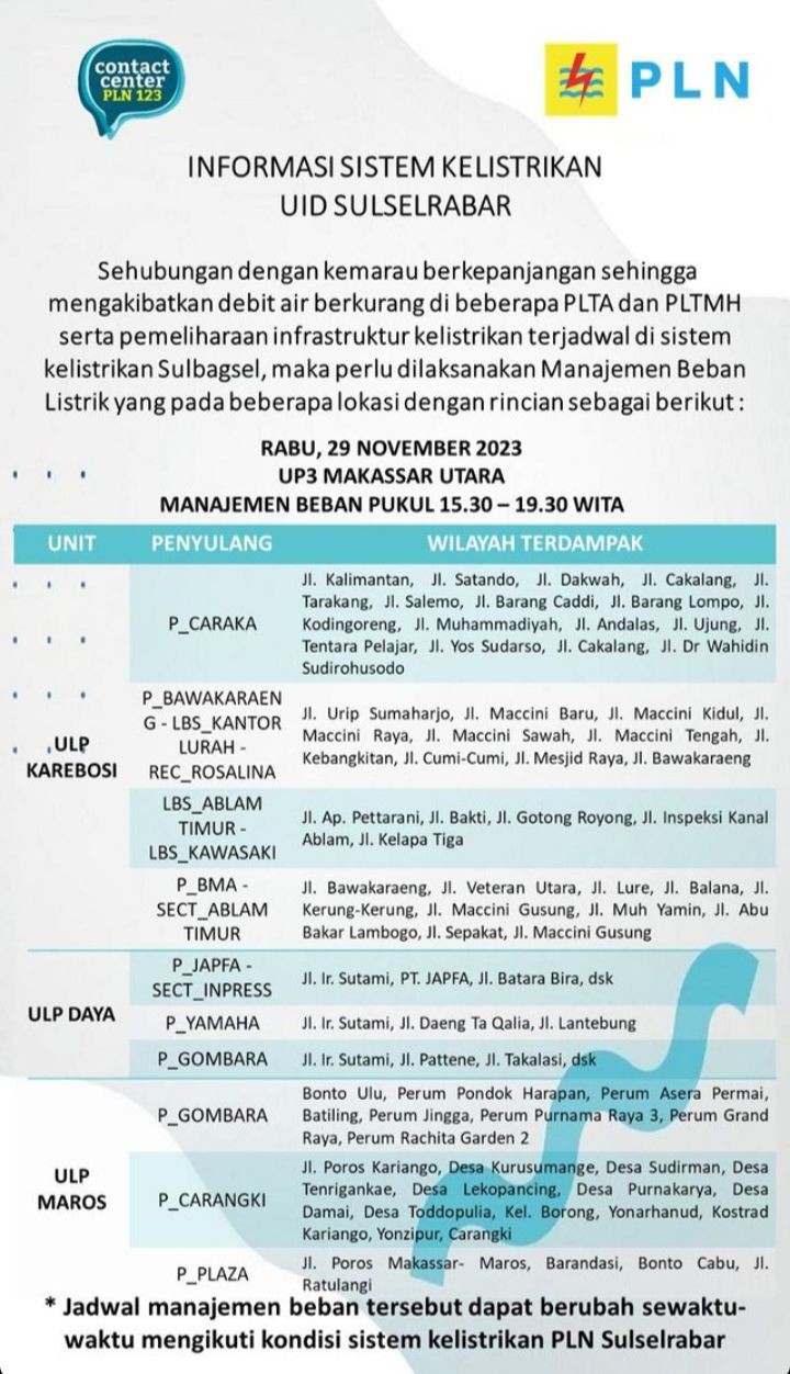 Cek Jadwal Pemadaman Listrik Makassar Hari Ini 29 November 2023