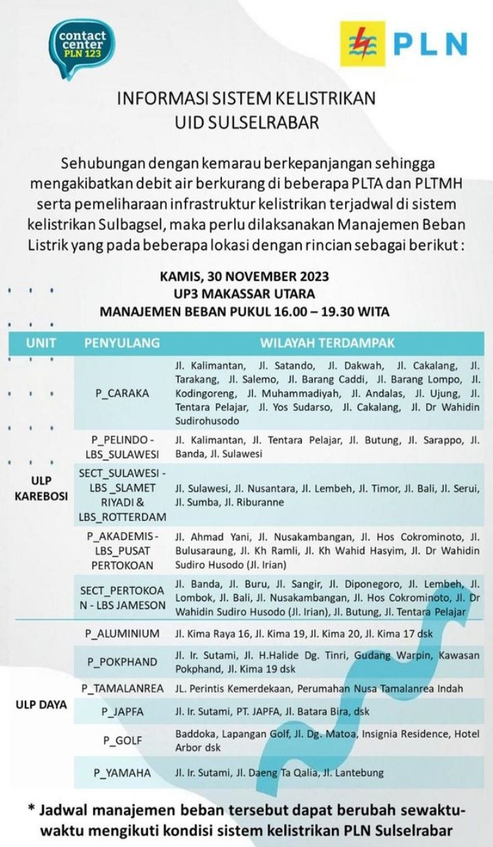 Jadwal Pemadaman Listrik di Makassar, Kamis 30 November 2023